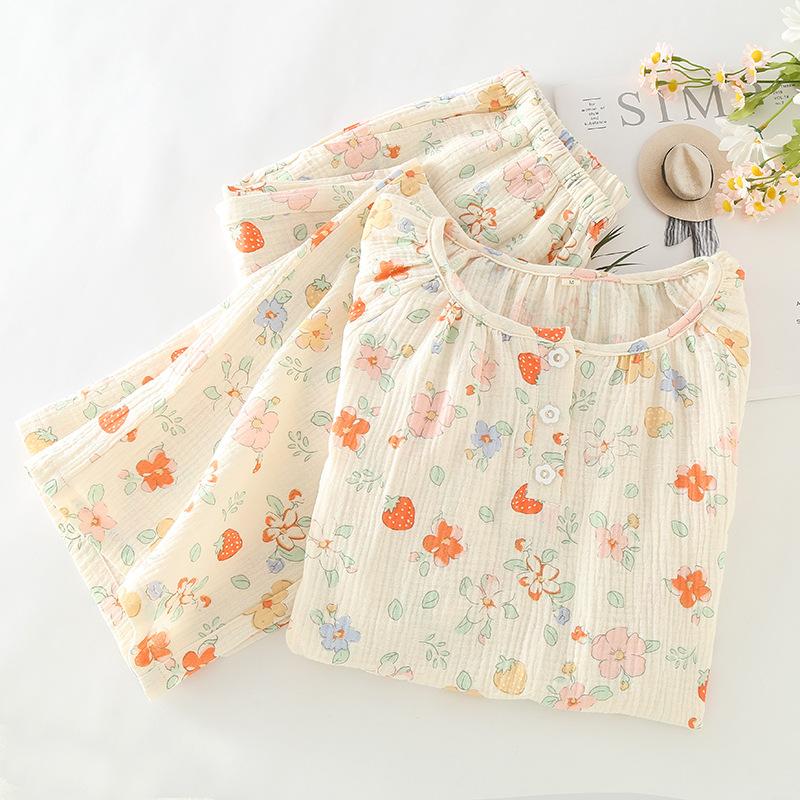 New Women's Spring/Summer Women's Pure Cotton Pajama Set Flower Print Short Sleeves+Capris Two Piece Sweet Home Furnishings