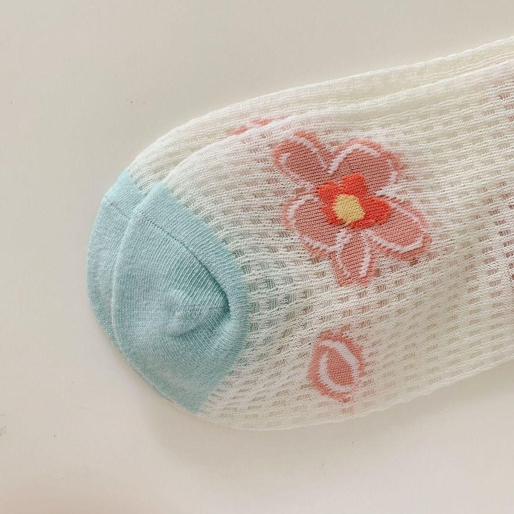 6 Pairs Flower Pattern Mesh Breathable Socks Hollow Mesh Cotton Anti-slip Summer Floral Socks Casual Breathable Middle Socks