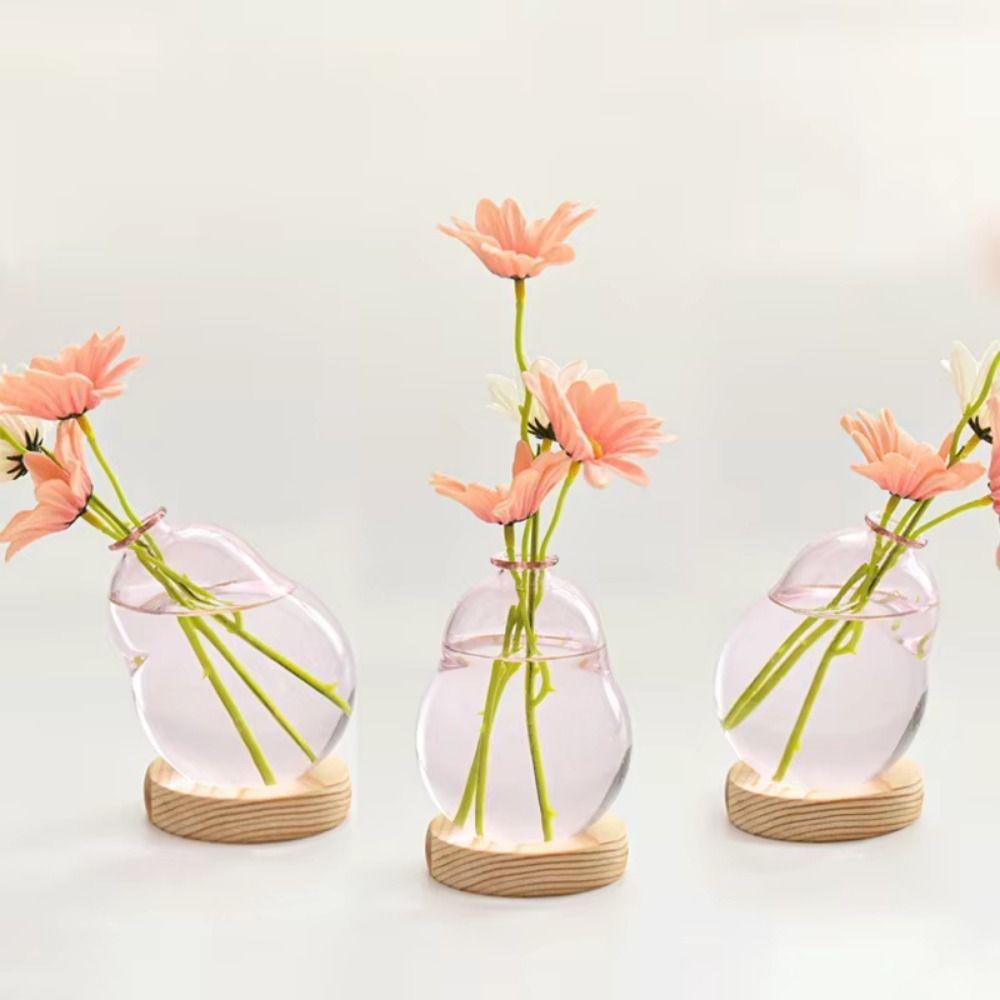 Transparent/Pink Creative Bubble Glass Vase With Wood Base Desktop Decorating Flowerpot  Home