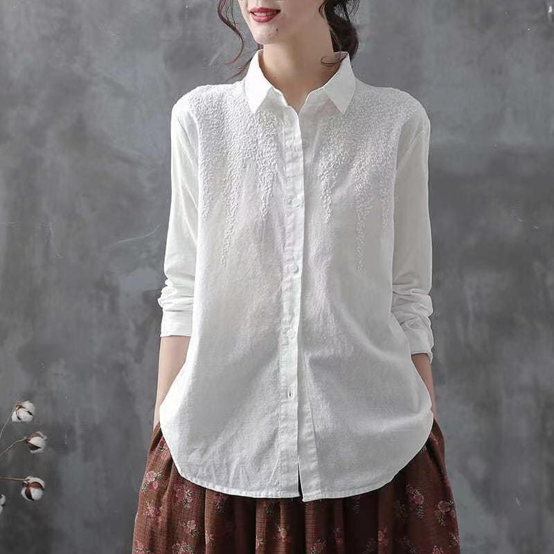 Women's Spring Fall Cotton Embroidered Long Sleeve Shirt – Loose Fit Casual Collared White Blouse Top
