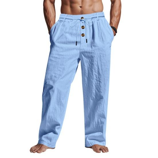 Herren Sommer Leinenhose Lässige Einfarbige Baggy-Hose Strand-Yogahose mit Taschen Elastischer Taille Kordelzug für den Alltag und Urlaub