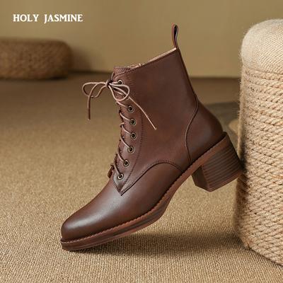 2024 New Autumn/Winter Genuine Leather Women Boots Pointed Toe Chunky Heels Boots for Women Short Boots Suqare Heel Ankle Boots