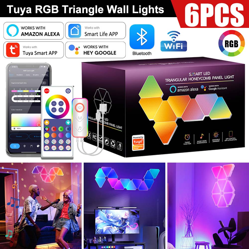 6PS LED Triangular Quantum Lamp RGB Wall Lamp Smart Pickup Rhythm Background Light Bedroom Bedside Night Light Office Decoration