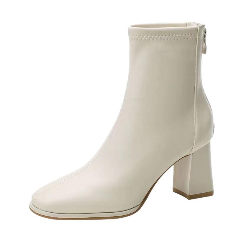 White Boots Women's Autumn and Winter New Thin Boots Rear Zipper Square Head Thick Heel Soft Leather Velvet Fashion Boots