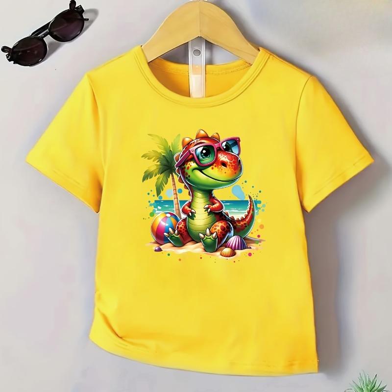 Boys' Dinosaur And Coconut Tree Pattern Print Handsome All-Match Casual T-Shirt