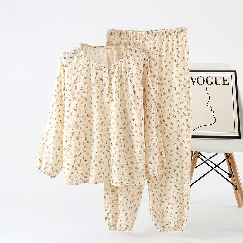 Pajamas Spring and Autumn pure cotton women's long-sleeved trousers thin cotton yarn round neck loose baby cotton Korean pullover loungewear