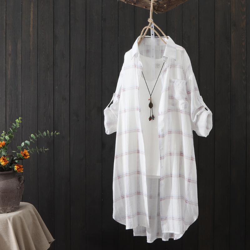 Women's Checkered Shirt Summer Loose Women's Medium Long Shirt Hong Kong Style Thin Shirt