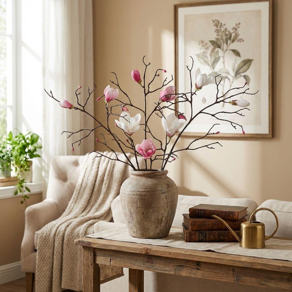 Large Artificial Magnolia Flower Real Touch Realistic Faux Magnolia Branch Plastic Handmade Simulation Big Magnolia Living Room