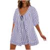 Summer Tshirt Rompers for Women,Casual Striped Puff Short Sleeve Rompers,Adjustable Neck Oversized Jumpsuit with Pockets