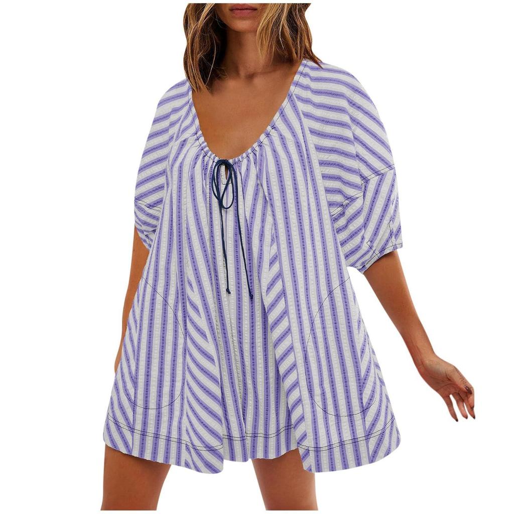 Summer Tshirt Rompers for Women,Casual Striped Puff Short Sleeve Rompers,Adjustable Neck Oversized Jumpsuit with Pockets
