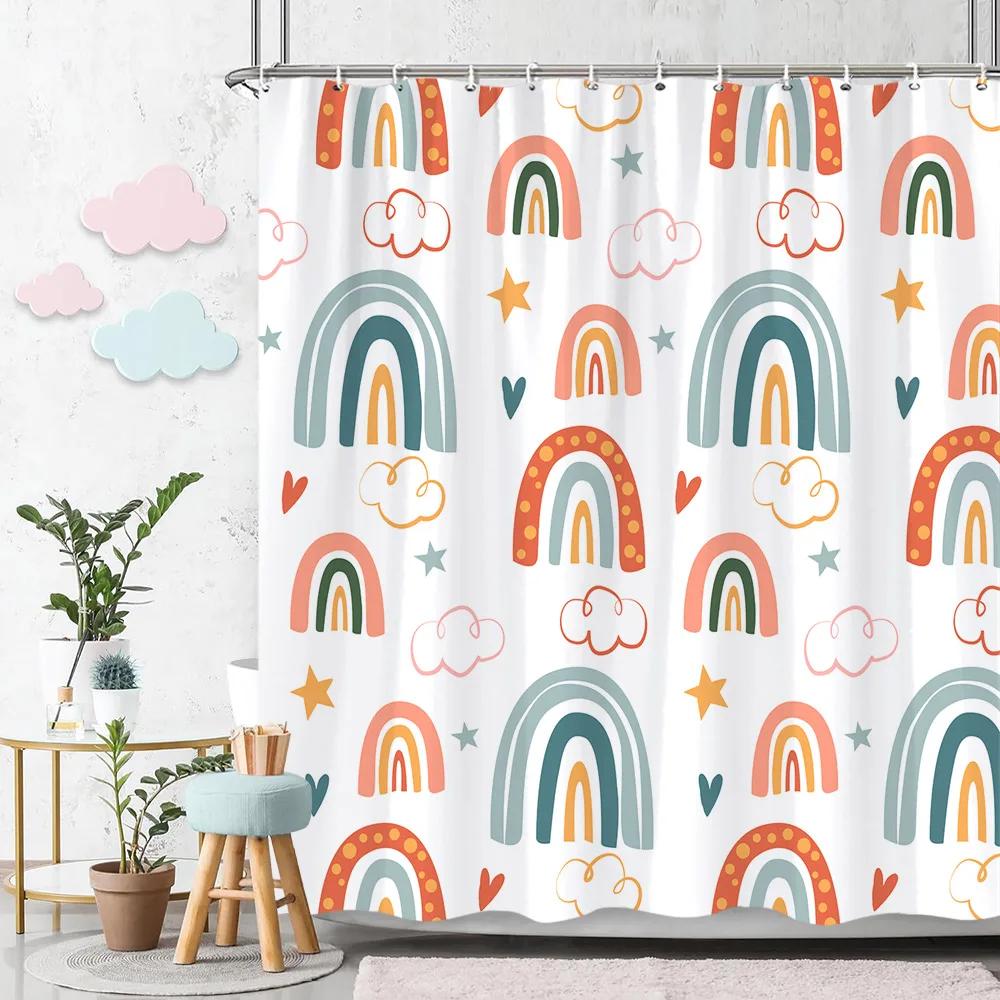 Rainbow Shower Curtain Colourful Cute Bohemian Abstract Print Kids Shower Curtain Polyester Fabric Art Bathroom Decor With Hooks