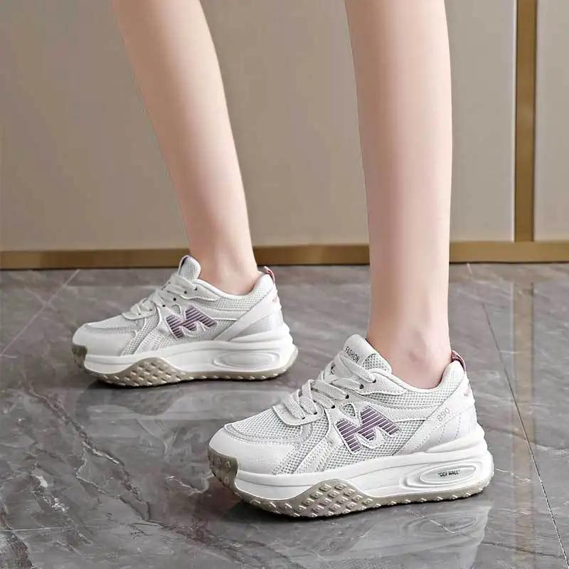 Fashion Soft Leather Mesh Sports Shoes Women 2024 Autumn New Breathable All-match Lightweight Platform Casual Shoes