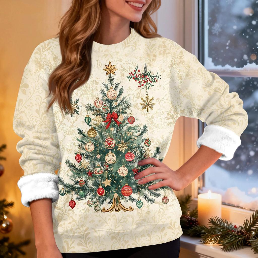 Women's Fashion Casual Long Sleeve Christmas Printed Round Neck Top Sweatshirt