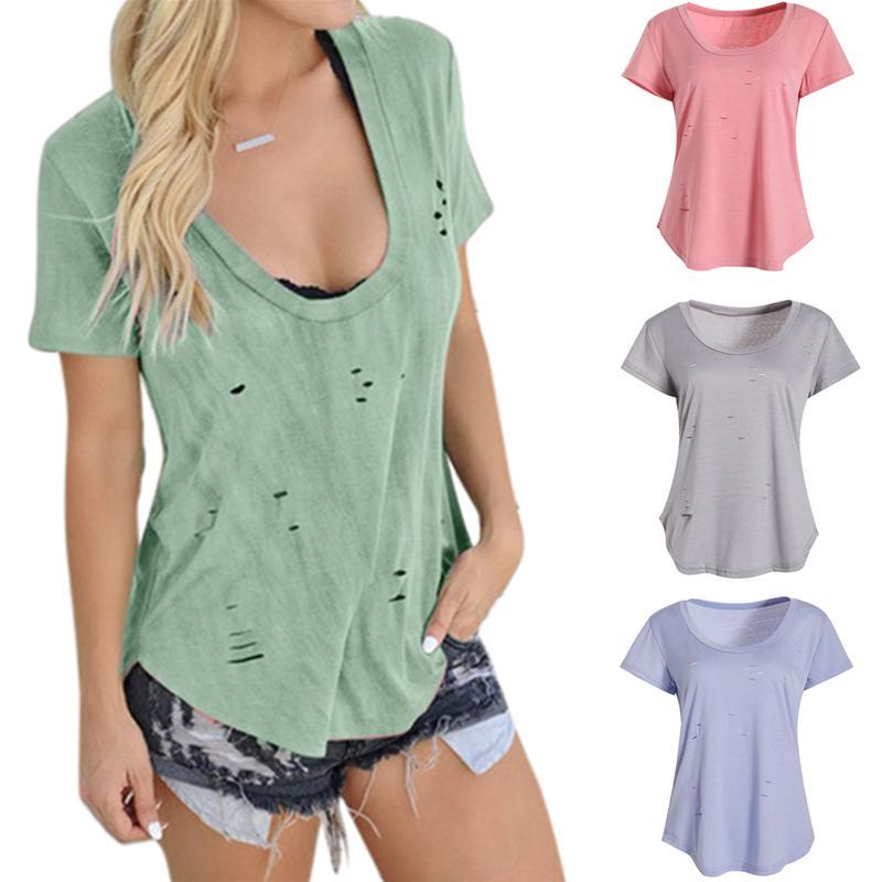 Buy Hollow Out Hole Tops Women Solid Color Short Sleeve T Shirts Casual ...