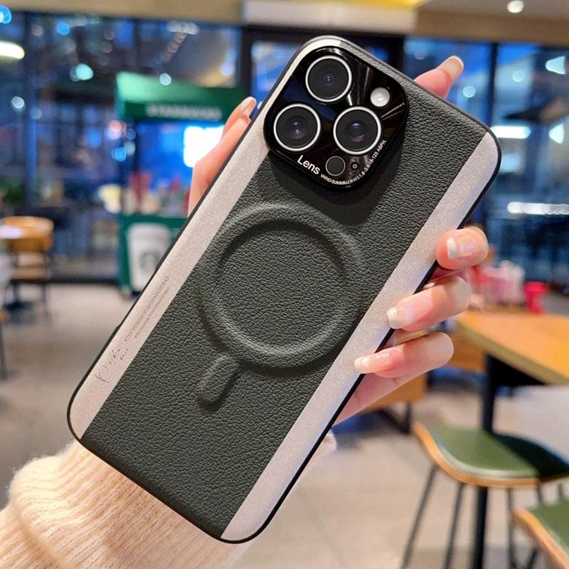 For iPhone 15 Pro Max Case Compatible with MagSafe Splicing Color PC+PU Leather Phone Back Cover