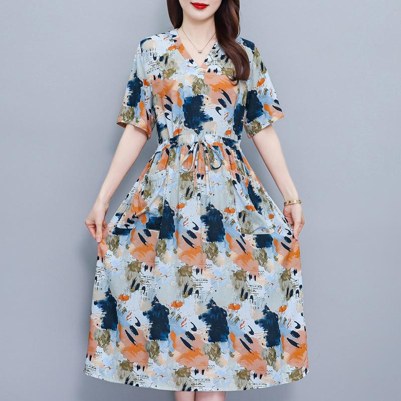 Elegantes Sommerkleid für Damen Vintage Kleidung Übergröße Lässig Kurzarm Langes Kleid