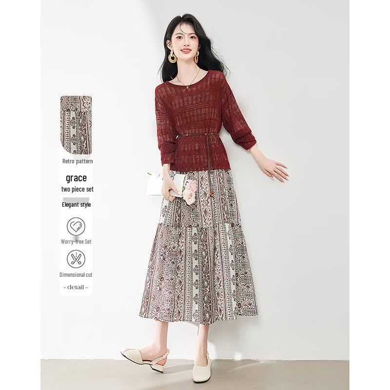 Elegant Long Sleeve Cutout Top & Midi Skirt Set L