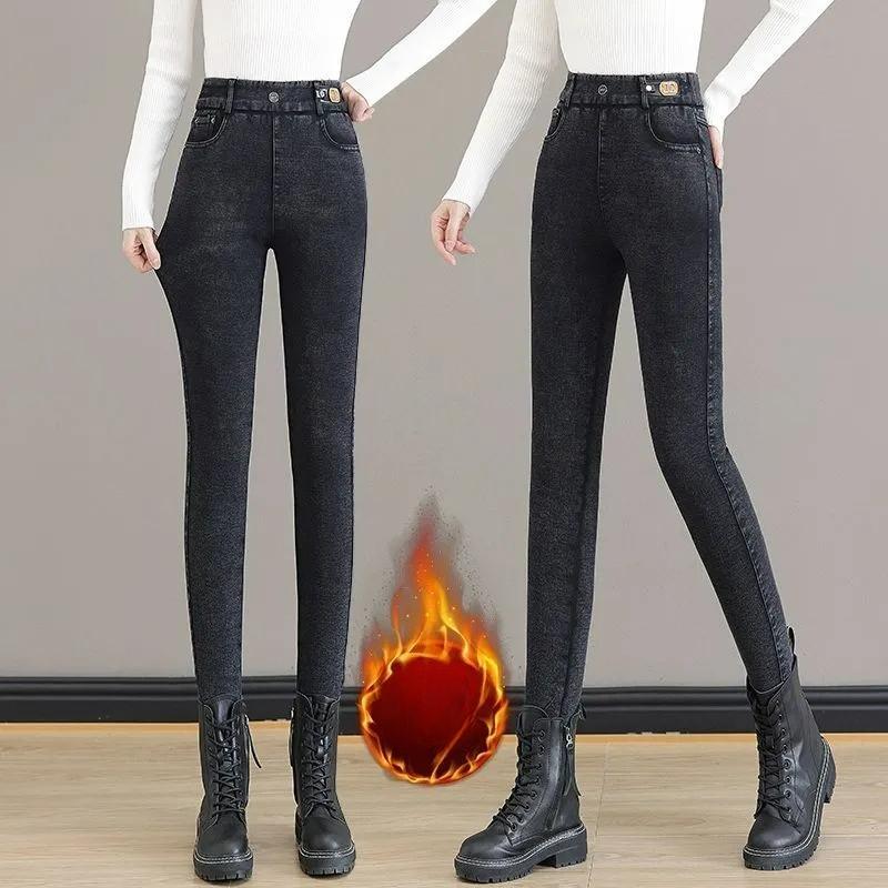 Lamb Fleece Feet Pants Women's Autumn and Winter High-waist Stretch Tight-fitting Thin Black Bottoming Warm Denim Warm Cotton Pants Women