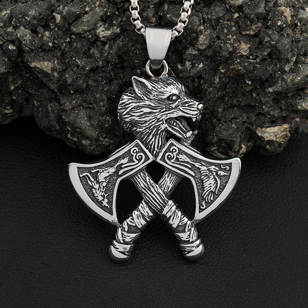 Vintage Vikings Double Axe Pendant Necklace For Men 316L Stainless Steel Classic Wolf Head Necklaces Nordic Jewelry