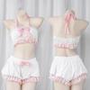 Halter Ruffles Women Kawaii Maid Outfit Sweet Sexy Sleepwear Lovely Cosplay Costumes Bandage Bow Lace Tops and Bloomers Set