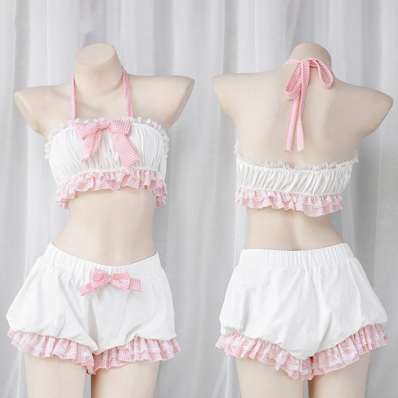 Halter Ruffles Women Kawaii Maid Outfit Sweet Sexy Sleepwear Lovely Cosplay Costumes Bandage Bow Lace Tops and Bloomers Set