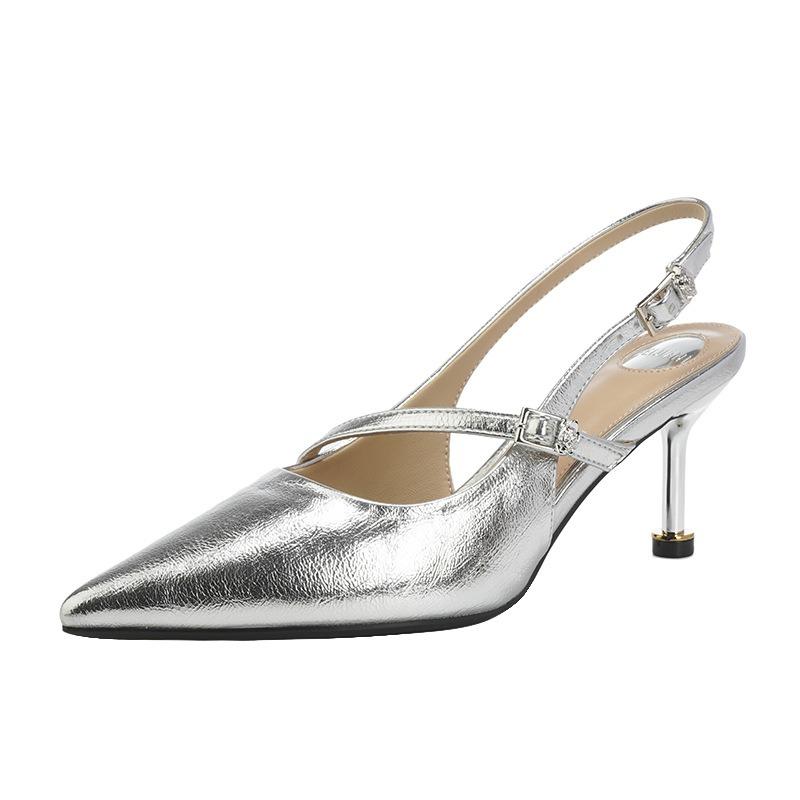 Silver Diagonal Belt Design Fairy Temperament Pointed Head Thin Heel High Heel Single Shoes One Word Bag Head Sandals Summer