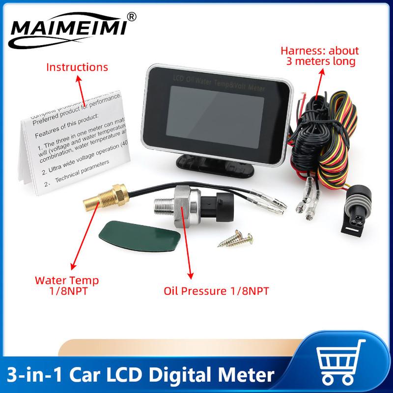 3 in 1 Car LCD Meter Digital Oil Pressure Voltage Gauge Water Temperature Gauge With temp press sensor for Car Truck SUV 12V/24V