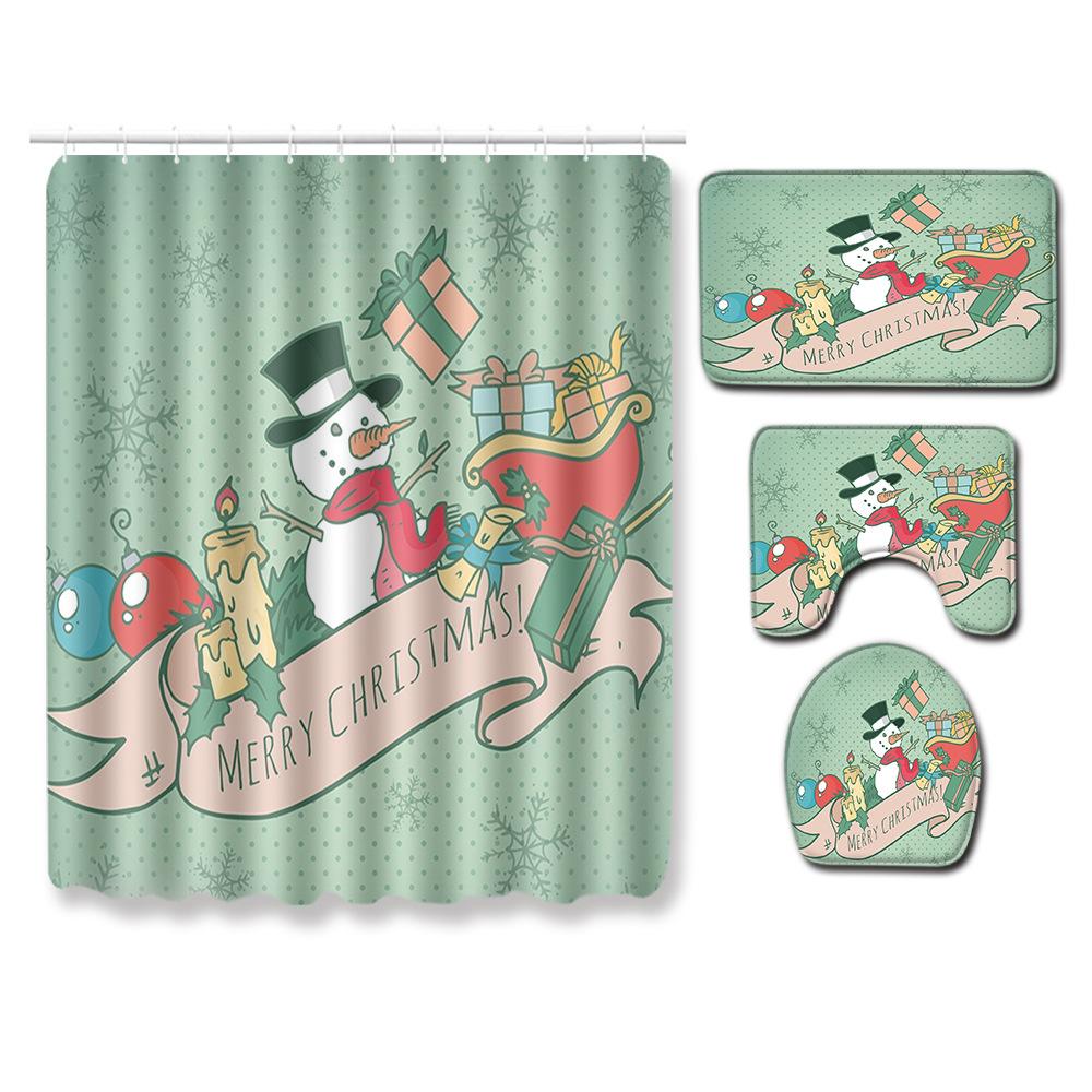 Christmas Shower Curtain Floor Mat Combination Four-Piece Bathroom Non-Slip Door Mat Foot Mat Bedroom Living Room Carpet