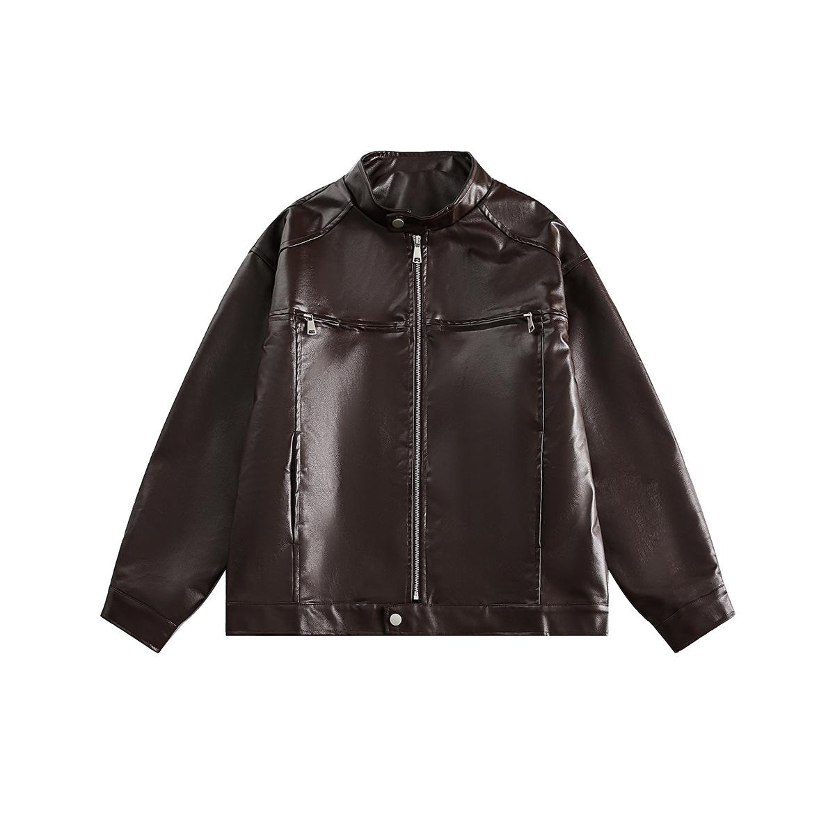 

Men s Autumn/Winter Henley Collar PU Leather Jacket - Patchwork Casual Loose Top 2X-Large коричневий
