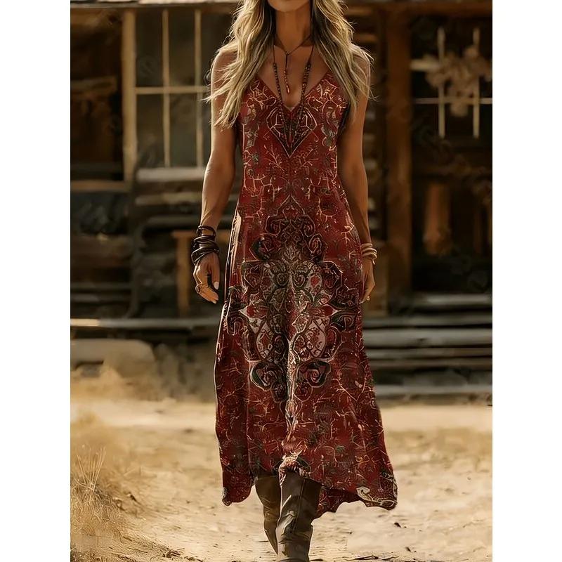 Dam Boho Paisley-mönstrad Cami Miniklänning V-ringad Ärmlös Sommar Strand Solklänning