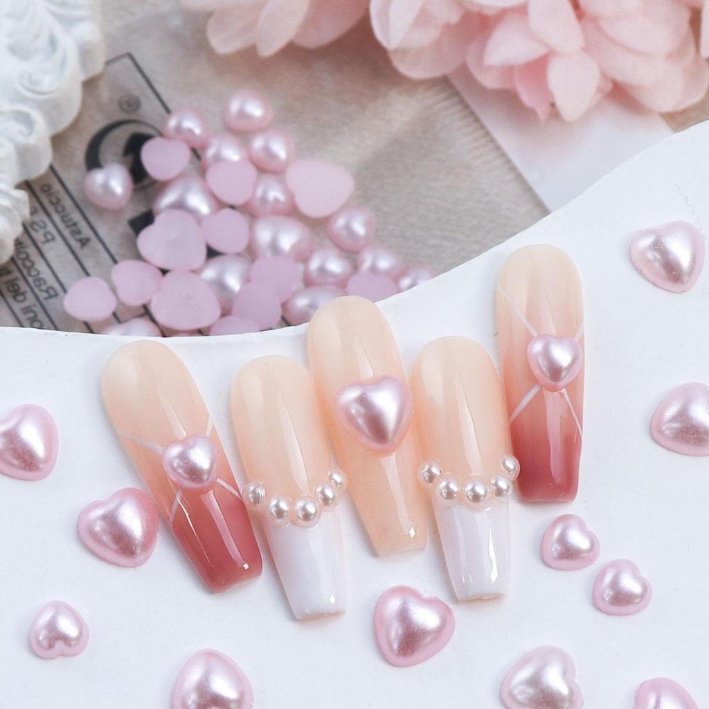 30pcs Pink Pearl Heart Nail Art Charms Mixed Size 3D Love Heart Nail Decoration Kawaii Accessories Valentine's Day Nail Design Supplies