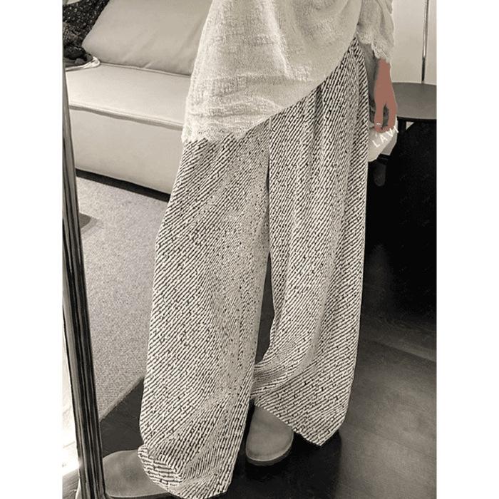

[Bright silk chenille] diagonal striped wide-leg casual pants women s autumn and winter high waist drape straight floor long pants S абрикосовый