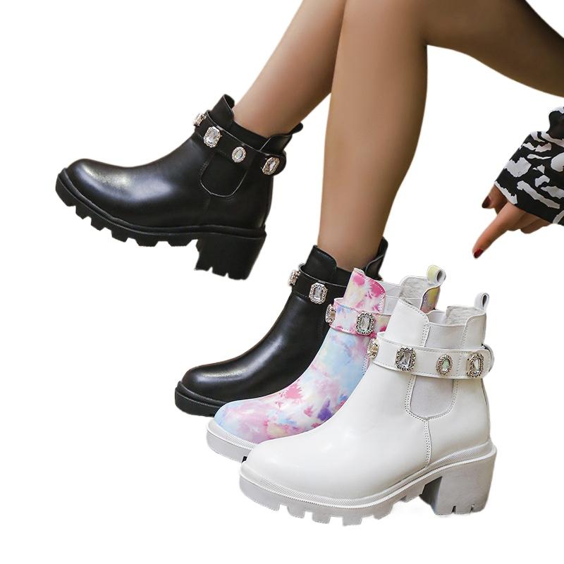 Autumn and Winter New Plus Size 35-43 Thick Heel Rhinestone Short Boots for Women Round Toe Low Cut Women's Boots