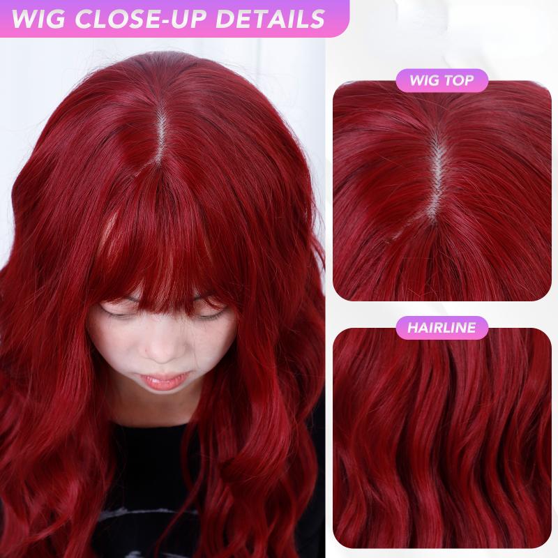 Red Water Curly Wave Bangs Wig 22 Inch  Fiber Synthetic Heat-resistant Deep Wave Hair Natural Party or Selfie Korean Fashion
