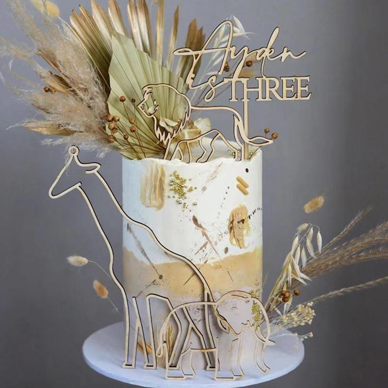 4Pcs  Animal Theme Happy Birthday Acrylic Wood Cake Topper Giraffe Cake Toppers