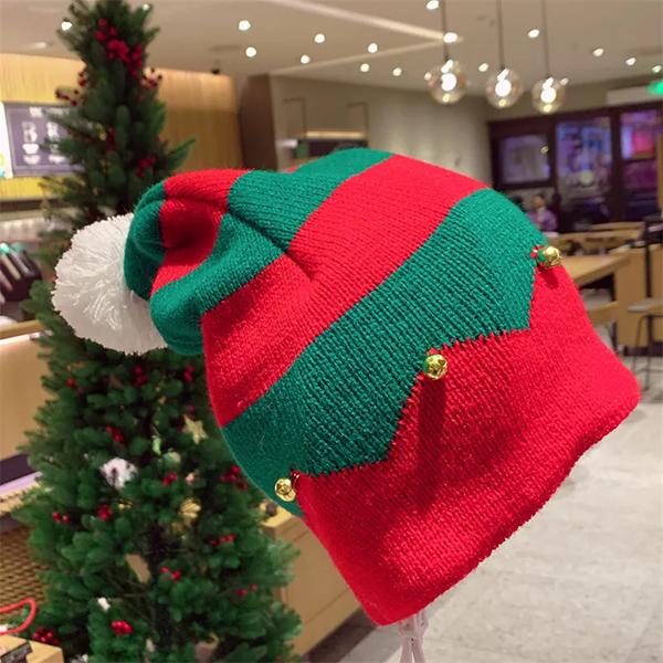 WTEMPO Adult Christmas Decorative Bell Hats Gifts Striped Warm Knitted Red Woolen Hats Elastic Windproof Cold-proof Couple Christmas Hats