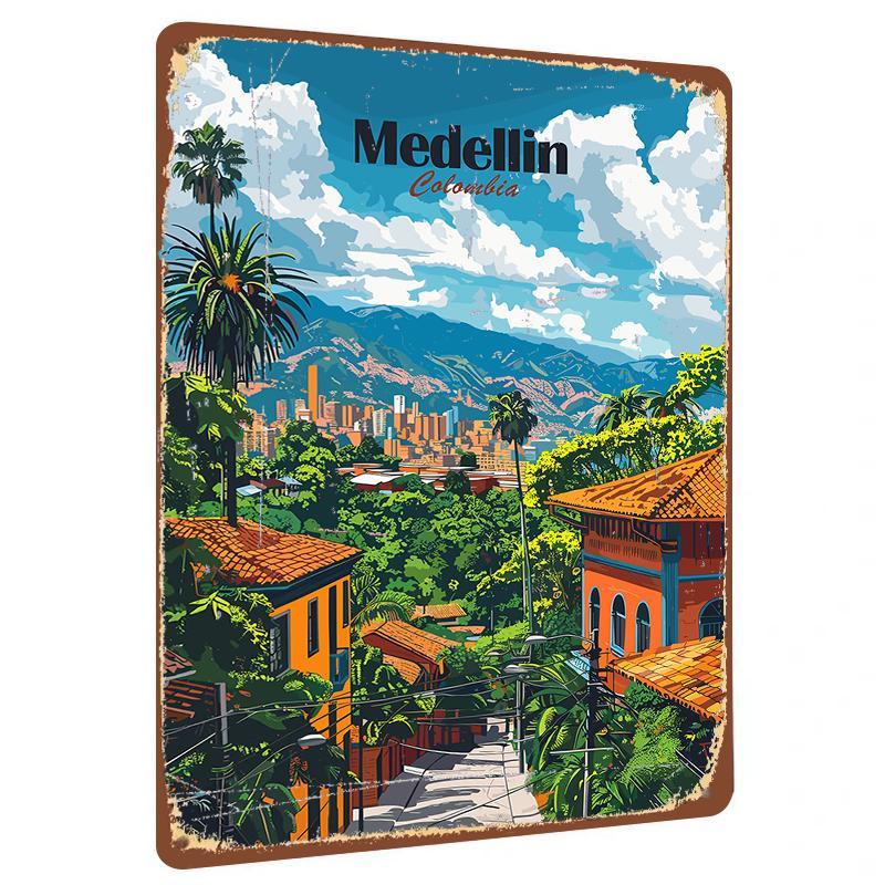 

Medellin Colombia Cityscape Metal Wall Art Tropical Mountain View Decorative Iron Painting 20x30cm（7.8x11.8inch）