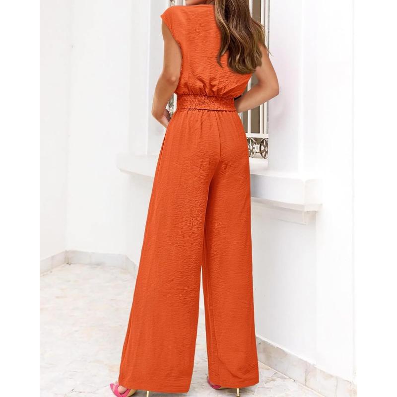JKASHDK Women's Fashion Casual Summer Spring Solid Color Print Sleeveless V-Neck Trousers Pants Suits
