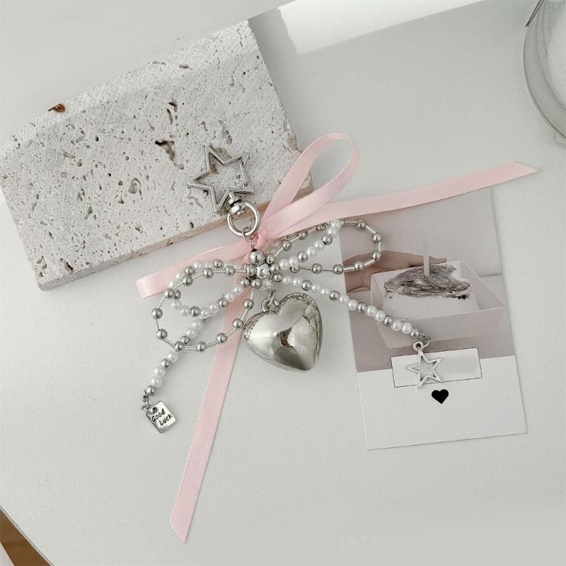 Fashionable Faux Pearls Bowtie Charm Stylish Bowknot Ribbon Keychain Bag Ornament Jewelry for Purses and Accessories