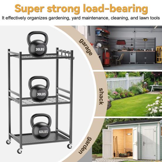 Garden Organizer Tool Organizer, 35-Slot Steel Rolling Rack with Wheels, Adjustable Feet Yard Sturdy Holder for Shovels, Rakes, Brooms and