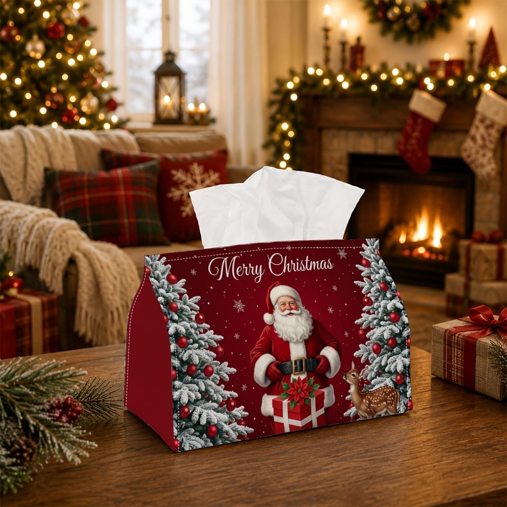 1pc Traditional Classic Tissue Box - Multi-Functional Napkin Box, Available In Durable Polyester, Decorated with Santa Fawn Pine Forest, Suitable for