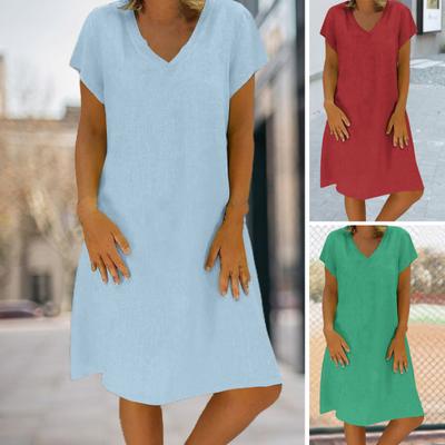 V-Neck Short Sleeve Women Dress Loose Fit Thin Knee Length Washable Solid Color Casual Dress Streetwear