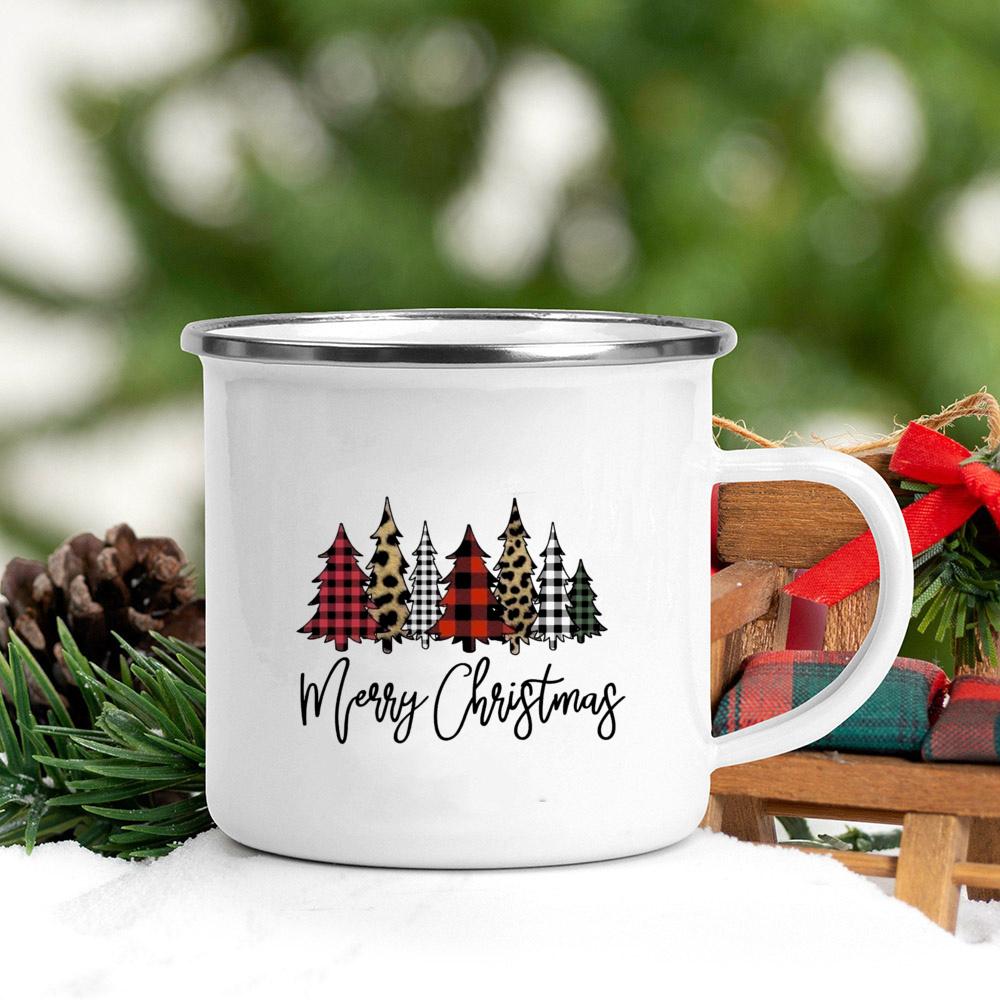 Christmas Tree Deer Truck Print Enamel Mugs Coffee Cups Christmas Party Dessert Hot Cocoa Chocolate Cup Gifts for Friends Family