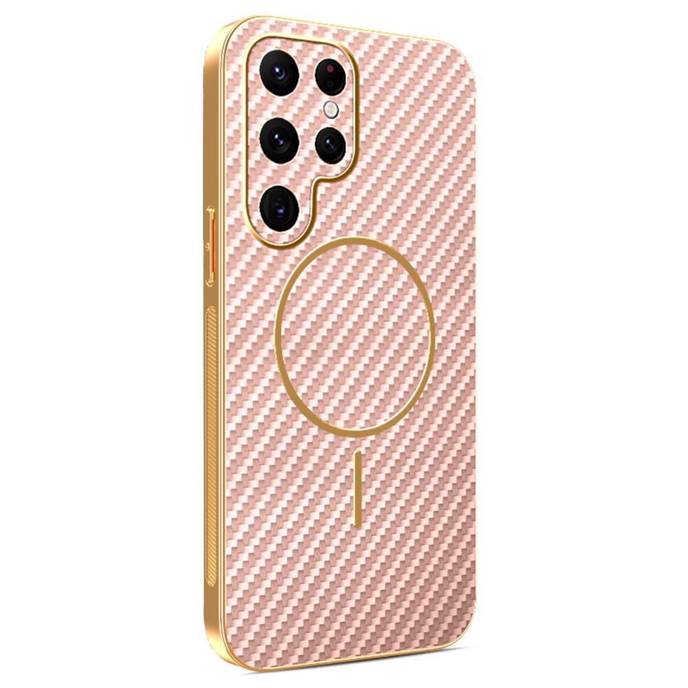 For Samsung Galaxy S22 Ultra 5G Phone Case Carbon Fiber Textured Electroplated TPU Back Cover