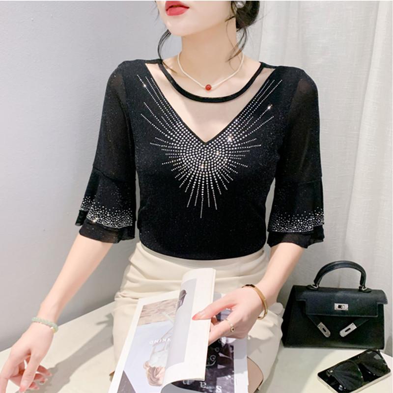 Summer New Women's Flare Sleeve T-shirt O-Neck Luxury Diamonds Tops High Quality Girl Shiny Mesh Tees