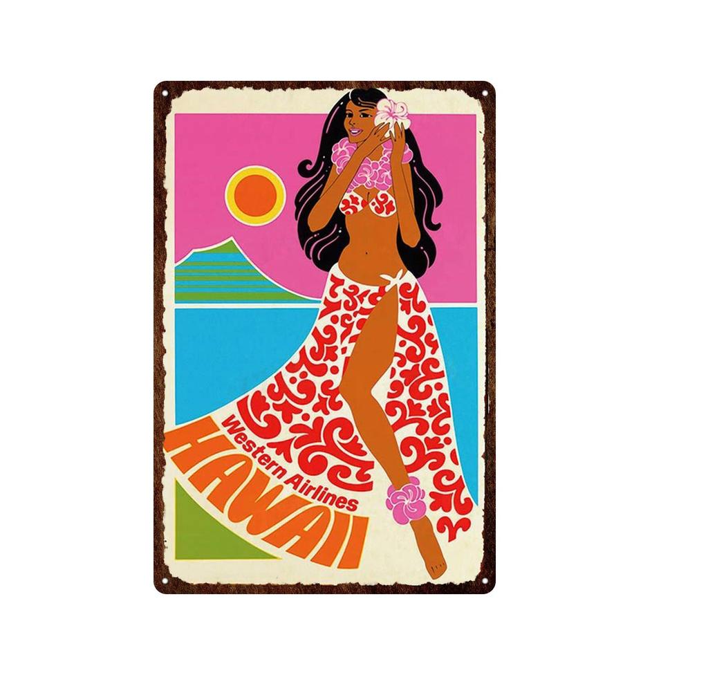 Panneau en métal avec paysage de bord de mer hawaïen Waikiki, célèbre ville touristique rétro, Plaque décorative de surf/voiture, peinture en fer, 20x30cm