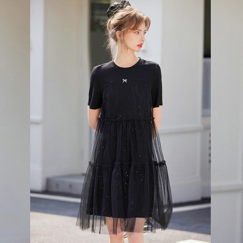 Women s Glitter Mesh Patchwork T-Shirt Dress L