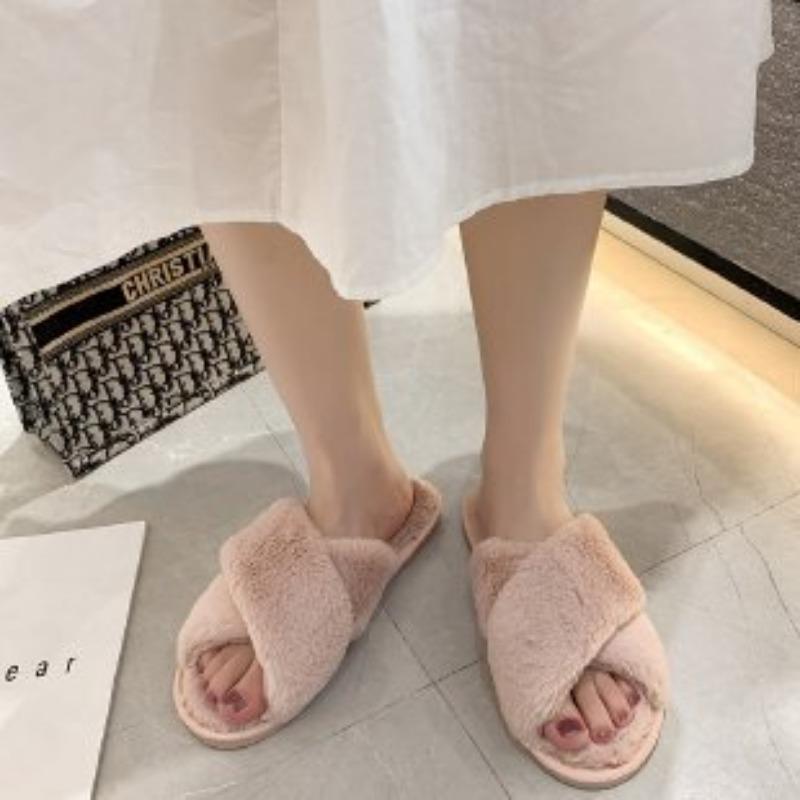 Large Size Fluffy Slippers Women's Autumn and Winter New Flat Bottom Home Indoor Cross Plush Cotton Mop