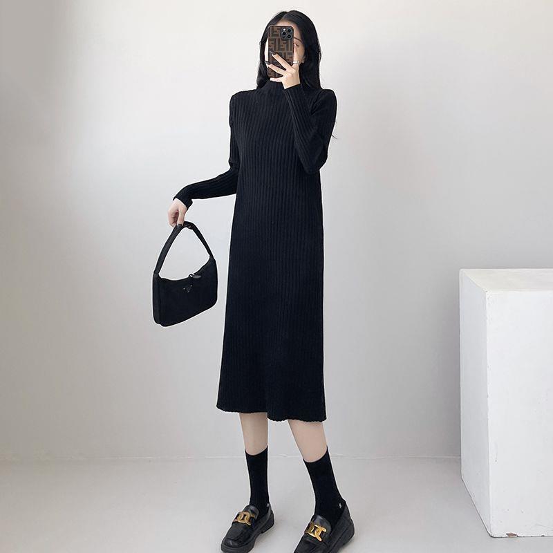 Women's Black High-Neck Petite Wool Knit Dress - 2025 New Autumn/Winter Collection