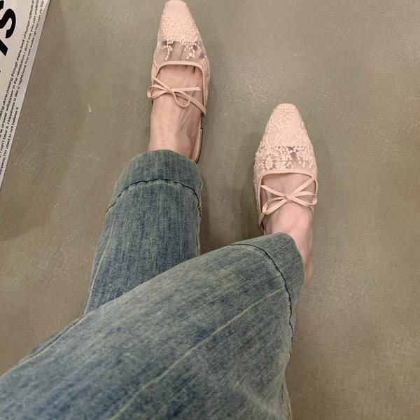 Fashion Mules For Women 2025 Butterfly-Knot Lace Shoes Pointed Toe Shallow Slippers Soft Slides Comfort Cover Heels Butterfly-knot Pumps